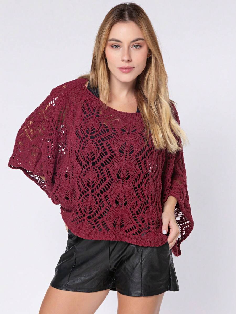 Women's Lace Blouse Fashion Crochet Knit Wide Sleeve - Gỗ đỏ - Xem 1
