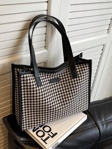 千鸟格图案大号托特包，女士时尚简约大容量单肩包，通勤百搭 - 黑色 - 查看 9