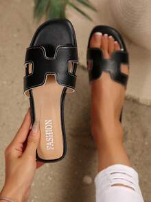 全新女士时尚优雅镂空PU皮革沙滩凉鞋 - 黑色 - 查看 2