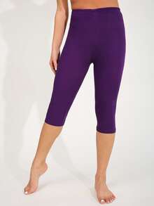 女士休闲弹力运动紧身裤，柔软舒适，纯色磨毛设计，适合健身、锻炼、跑步、居家运动、瑜伽、户外活动、海滩、派对、散步、骑行等，七分裤长，夏季穿着。 - 紫色 - 查看 4