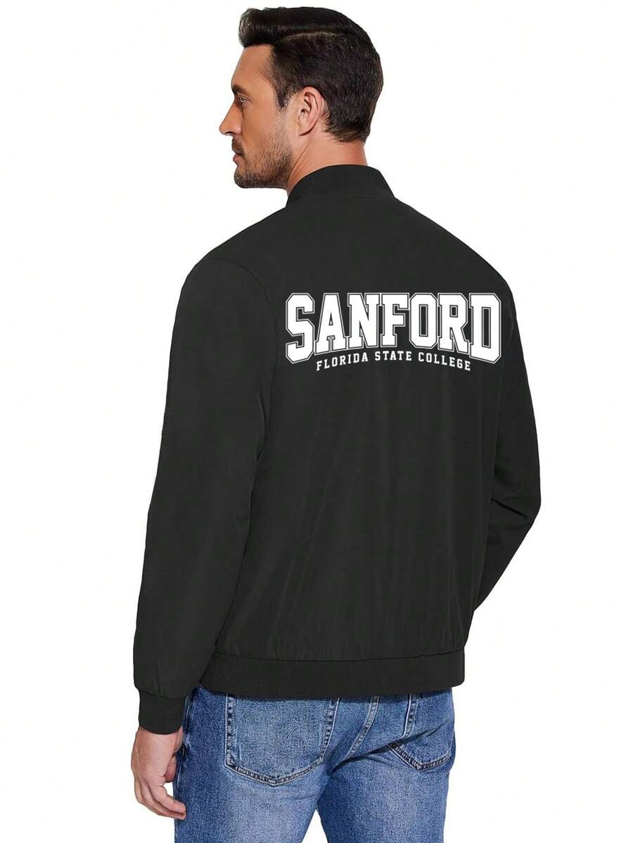 Men's Fashionable Printed Jacket, Casual Baseball Jacket, Lightweight Spring/Autumn Outerwear, Long Sleeve Zip-Up Baseball Collar Flight Jacket - Black - View 1