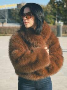 TRAFZA 女款冬季人造毛皮草百搭高端蓬松都市风格辣味豹纹夹克 - 棕色 - 查看 4