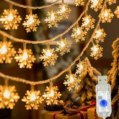 1条1.5/3/4.5/6米USB供电8种灯光模式圣诞家居装饰雪花灯串，圣诞树装饰雪花灯，圣诞室内派对装饰灯串，卧室墙面装饰灯，窗帘装饰灯，圣诞礼物送给朋友