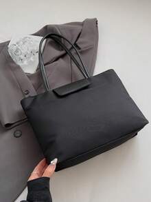 Una bolsa de tote casual de unicolor simple y versátil, de gran capacidad, con cremallera, que se puede usar como bolso de hombro, adecuada para compras, vacaciones, trabajo y transporte y otras ocasiones. - Negro - Ver 8