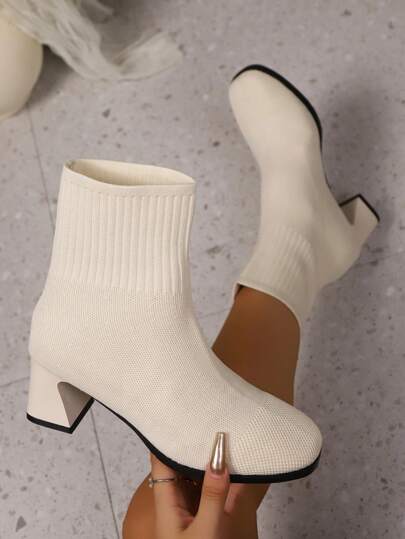 Autumn/Winter Knit Elastic Sock Boots Women, Square Toe Versatile High Heel Boots, Chunky Heel Fashion Ankle Boots, 2025 New Autumn/Winter Boots, Elastic Skinny Boots, Knit Sock Boots, High Heel Short Boots