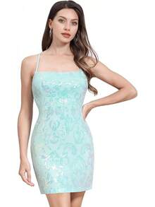 Teen Homecoming Dress Sequins Bodycon Mini Spaghetti Strap Floral Glitter - Light Green - View 1