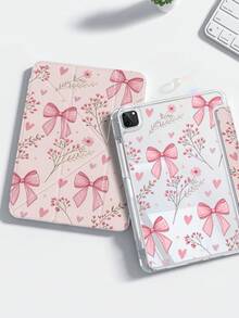 优雅可爱的卡通粉色花朵、草地、领结和字母双面亚克力透明水晶后盖，防震耐用，适用于 iPad 第 7、8 和 10 代（10.2 英寸）。内置笔槽，支持睡眠/唤醒功能和多种折叠支架模式。是 2026 年新年和圣诞节的理想礼物。 - 彩色 - 查看 2