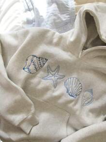 Seashell Print Hoodie, Cute Women's Hoodies For Fall, Back To School Pullover Sweatshirt, Casual Women's Oversized Long Sleeve Hoodie For Fall Outfits