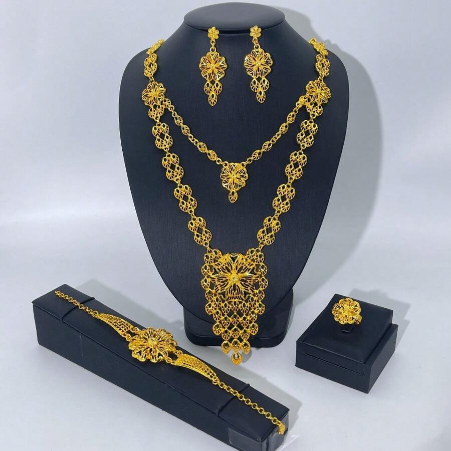 1 Set Damen Schmuckset: Halskette, Ohrringe, Ring, Armband, 5 Teile, modisch elegant luxuriös, geeignet für Braut, Hochzeit, Bankett, formelle Anlässe