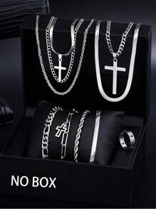 3-55 件男士休闲嘻哈不锈钢十字架多层项链首饰套装，不锈钢手链、戒指、皮革手链、方晶锆石耳环，适合日常佩戴、约会、生日、节日礼物（无盒） - 男士飾品 - 查看 2