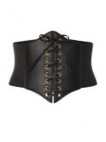 1 pieza Cinturón de cintura elástico con cordón para mujer, color negro, diseño minimalista adecuado para uso diario y disfraz de Halloween