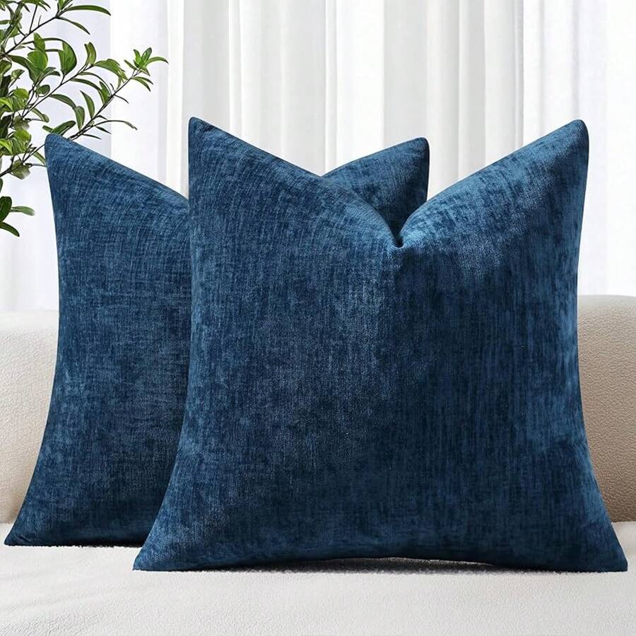 Chenille Throw Pillow Covers 24x24 Inch Set Of 2, Decorative Soft Couch Pillow Covers, Solid Dyed, Farmhouse Style, Neutral Square Pillow Cases Sofa, Home Decor - Xanh nước biển - Xem 1