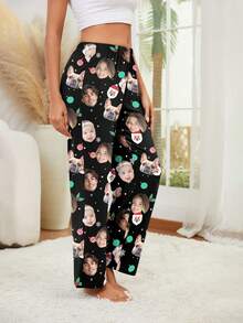 Pantalones de pijama personalizados para mujer, retrato de pareja único, intercambio de rostros de pareja e intercambio de rostros de mascotas, temática navideña y festiva - Mercancía de fans de retratos de celebridades - Negro - Ver 3