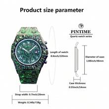 1pc New Men's Hip-Hop Watch Date Party Dial Large Diamond Green Ice Diamond Clock Fashionable Quartz Watch Luxurious Men's Luminous Hand Clock - one-size - View 2
