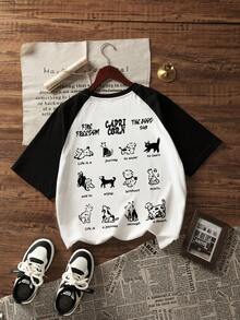 全新夏季女式休闲宽松可爱猫狗印花拼布 T 恤 - 白色 - 查看 1