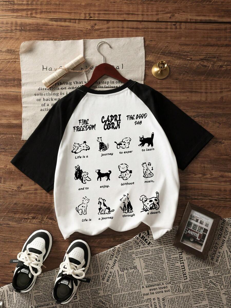 全新夏季女式休闲宽松可爱猫狗印花拼布 T 恤 - 白色 - 查看 1