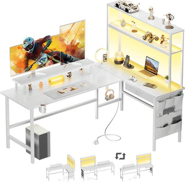HLONONE Gaming Table with LED, 170 x 100 cm, Gaming Desk, L Shape with 3 Sockets and 2 USB, Reversible Corner Desk, PC Corner Table, Computer Desk with Monitor Stand and Countertop Shelf