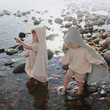 2pcs Baby Hooded Bath Towel, Super Soft Coral Fleece Absorbent Children's Solid Color Bathrobe, Newborn Baby Autumn/Winter Bath Cloak Robe, Machine Washable - Perfect Gift For Baby Shower - Brown+White - View 5