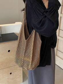 Yogodlns 时尚女式镂空编织单肩包大容量针织腋下包纯色钩针托特包手提包夏季网眼沙滩包女针织单肩包镂空唯美流浪包大容量针织托特包手提包女户外包 - 卡其色 - 查看 3