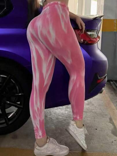 1pc Aurora Tie-Dye High-Waisted Yoga Pants, Squat-Proof Workout Leggings, Peach Butt Lifting Sports Tights, Rainbow Color Capri Pants For Women