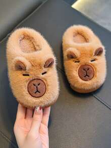 1 双儿童水豚毛绒卡通装饰软底轻便室内拖鞋，适合男孩和女孩