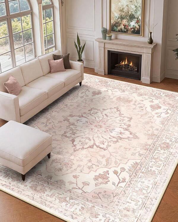 Area Rugs 9'x12' Washable Non-Slip, Floral Vintage Distress Print Pattern Medallion Carpet For Living Room Bedroom Dining Room, Pink Greypink Cute,10160149
