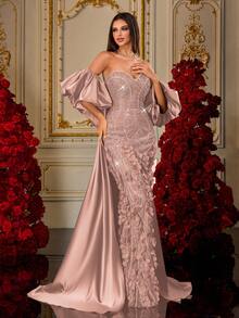 Đầm dạ hội sang trọng kiểu đuôi cá màu xanh ô liu, đính cườm 3D hình cánh hoa, tay phồng, chất liệu satin, thích hợp cho đám cưới, tiệc mùa xuân, không dây vai. - Hồng - Xem 5