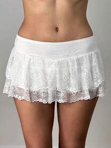 Women's Summer Casual Skirt Solid Color Low Waist Lace Ruffled Skirt With Lined Shorts - White - View 1