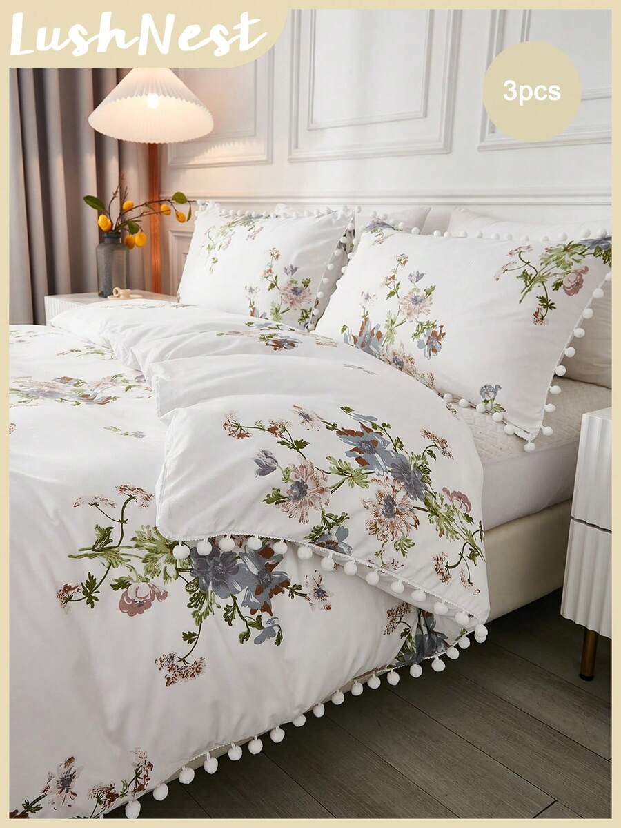 3pcs Floral Pattern Duvet Cover Set, With Pom Pom Tassel, Botanical Flower Pattern Bedding Set, Ruffle Trim, Soft Microfiber, Farmhouse Style Duvet Cover, 1 Duvet Cover, 2 Pillow Shams, Comforter Not Included, Suitable For All Seasons - Multicolor - View 1
