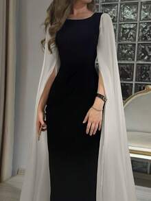 1 chiếc váy dài tay cổ vuông vá màu đen trắng thanh lịch, thích hợp cho những dịp trang trọng hoặc buổi tối quanh năm - Đen và trắng - Xem 1