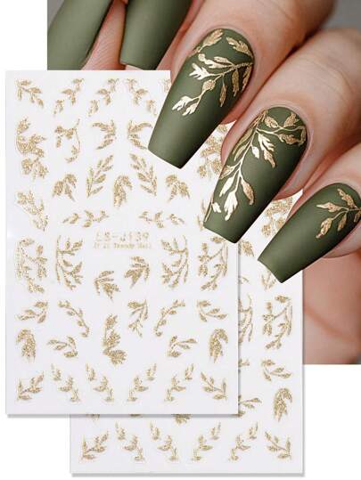 2pcs Gold Glitter Leaf Nail Stickers, Willow Leaf 3D Pattern Chinese Style Charm Nail Decoration Self-Adhesive Nail Art Stickers For DIY Salon, Women And Nail Art Supplies