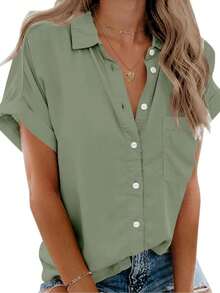Women's Casual Collared Cap Sleeves Shirt Button Down Work Blouse Tops With Pockets - 黃綠色 - 查看 1