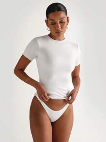 Camiseta casual básica blanca de mujer con cuello redondo, manga corta, ajuste ceñido y deportivo de XLLAIS Petite