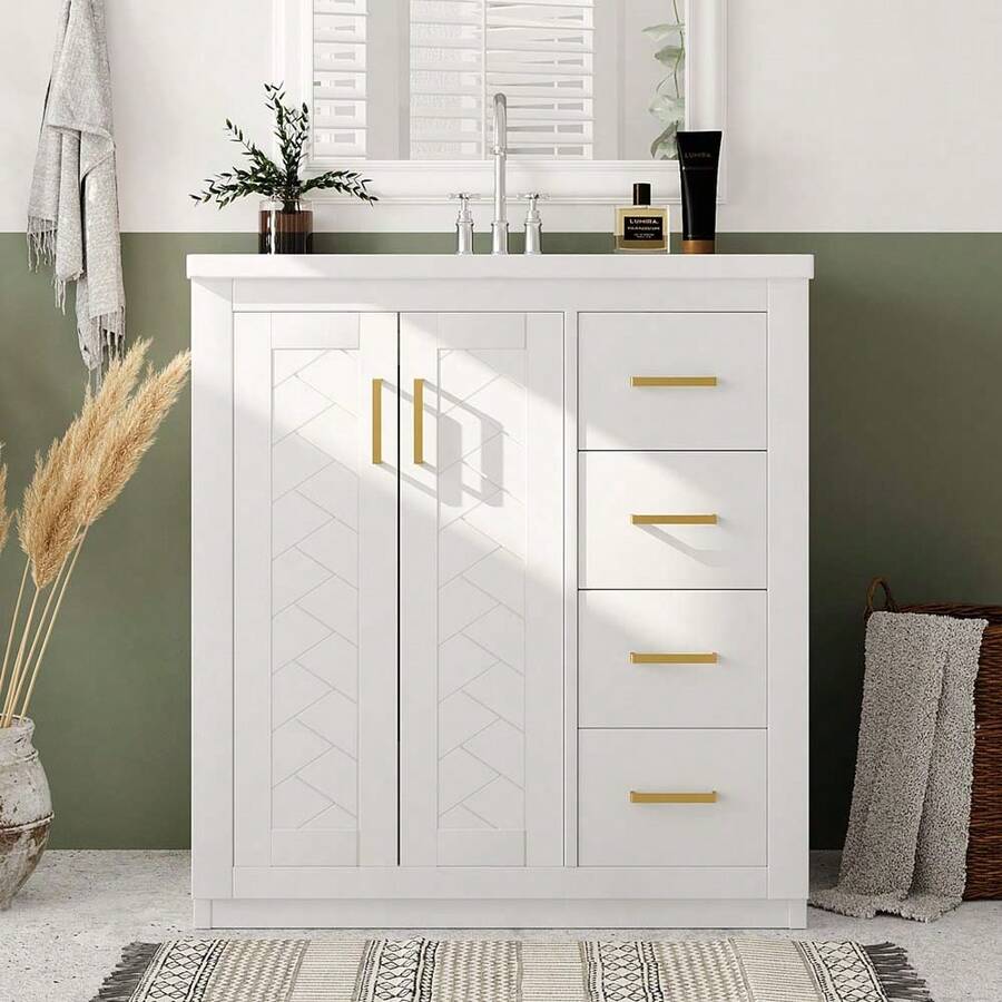 MERAX 30'' Bathroom Vanity With Ceramic Sink Combo, Solid Wood Frame Bathroom Storage Cabinet, Freestanding Vanity Set With 3 Drawers& Soft Closing Doors, White - trắng - Xem 1