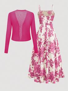 女式无袖印花腰喇叭裙搭配针织开衫，浪漫波西米亚花卉印花度假装套装 - 玫紅色 - 查看 4