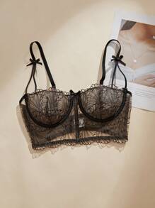 Sexy Lingerie Summer Cool And Breathable Women's Romantic Black Knitted Embroidered Petals With Bow Double Layer Inner Cloth Can Be Wearing Externally Single Piece Set Sexy Bra, Nightclub Daily Outing, Party Dinner Dressing Artifact