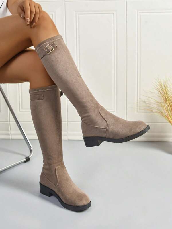 2025 Autumn/Winter Women's Khaki Knee-High Boots, Round Toe Suede Solid Color Buckle Elastic Pull-On Chunky Heel Riding Boots, Stretchy Tight Fit Boots, Fashionable Versatile Daily Wear Boots, Plus Size