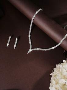3pcs V-Shaped Fashionable Cubic Zirconia Jewelry Set Including Earrings & Necklace, Suitable For Women Wedding, Festival, Birthday, Party Wear