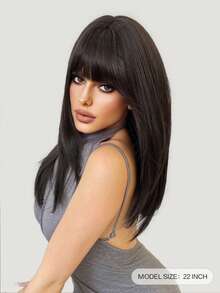 一体式合成耐热假发，带刘海，黑棕色直发假发，22 英寸长，全机器编织，自然逼真的假发，适合日常使用