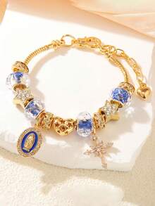 1pc Pan Family Style Golden Flower Beaded Adjustable Bracelet, Unique Design Jewelry For DIY - Multicolor - View 4