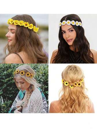 Sunflower & Daisy Flower Crown Headband, Boho Simulated Daisy Flower Wreath Headpiece, Hippie Bride Headpiece For Women, Suitable For Hawaiian Party, Beach Photo Shoot, Party And Festival Decoration
