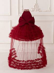 Baby Girls Sequin Mesh Backless Bow Cute 1st Birthday Trailing Dress, Suitable For Party, Flower Girl, Wedding, Does Not Include Headband - Burgundy - View 2