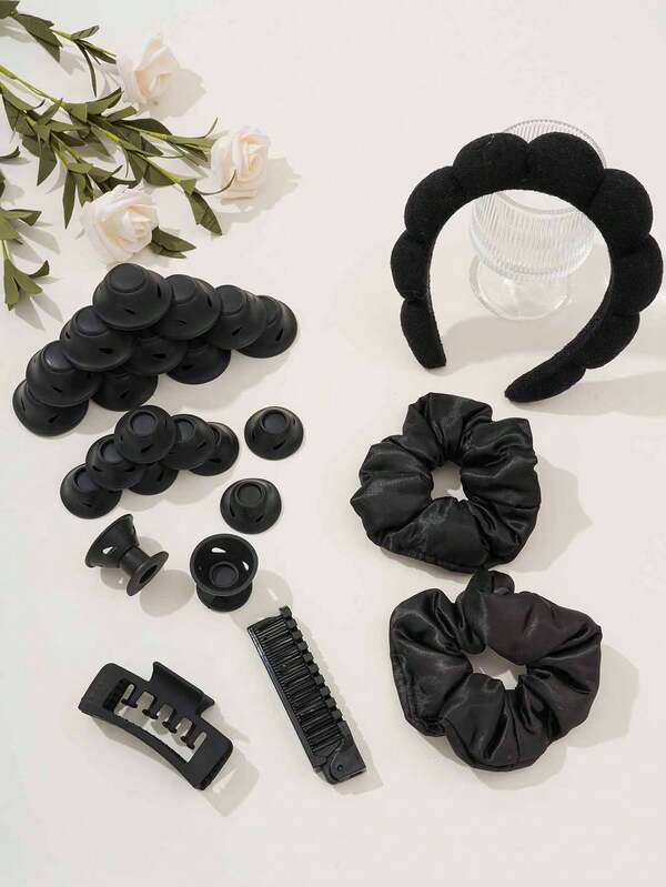 25 piezas Juego de accesorios para el peinado sin calor: lazos para el cabello, aros para el cabello, horquillas, peine plegable - para dormitorio, campus, accesorios de peinado en el hogar, herramientas para rizar el cabello de mujer, sin daños