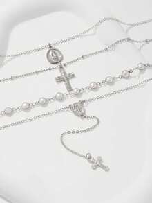 4pcs/Set Bohemian Crystal Tassel Necklace, Long Pendant Necklace, Vacation Style Jewelry, Suitable For Parties, Gifts, And Daily Wear - Silver - View 4