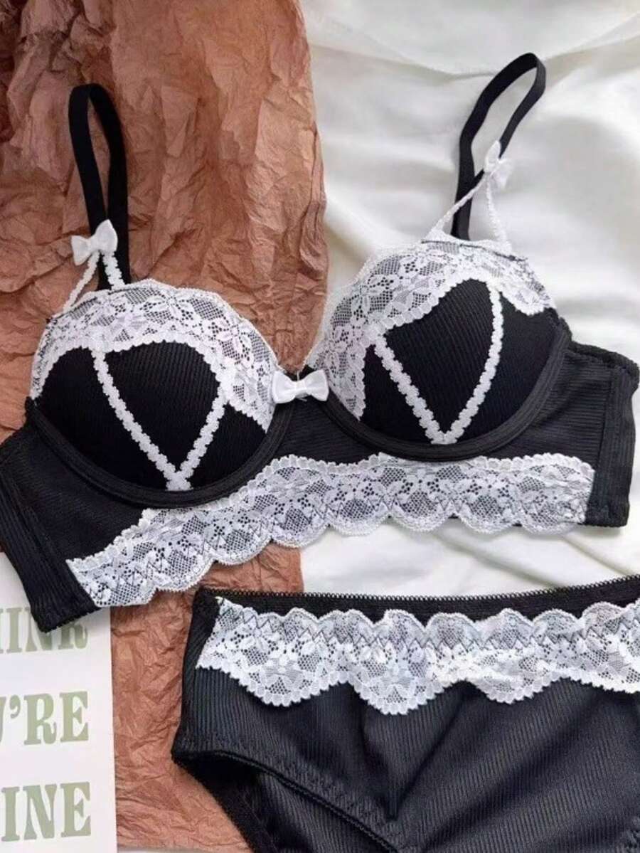Underwear Underwear Set Soft Ribbon Tie Lace Anti-Sagging Maiden Non-Wire - 黑色 - 查看 1