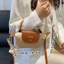 Customized 1pc Summer Woven Crossbody Bag With Patchwork PU Handle; Personalized Ladies Mini Straw Bag For Seaside Vacation; Custom Dumpling Beach Bag With Hairy Charm, Multifunction, Versatile, Large Capacity High School Students, Middle School Students, High School Senior High School Students, College Students, University Students, Freshman, Sophomore, Underclassmen - Multicolor - View 4