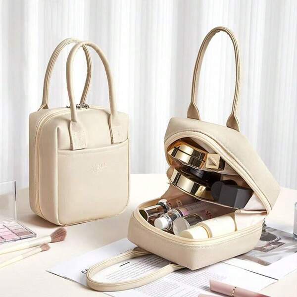 1 pieza Bolso de mano con cremallera de gran capacidad y estilo minimalista, adecuado para guardar artículos varios, cosméticos, brochas de maquillaje, uso diario y de viaje, bolsa de aseo