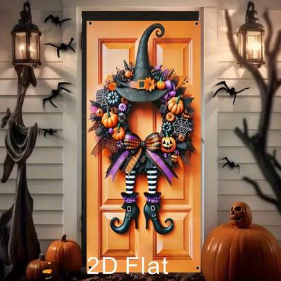 1pc2d 平面万圣节主题橙色背景女巫帽南瓜花蝴蝶结花环图案门横幅万圣节派对门框装饰摄影道具佩戴金属扣涤纶材料
