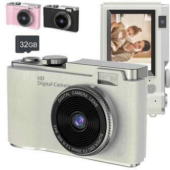 儿童相机，可充电儿童相机数码相机，适合 6-12 岁女孩生日圣诞节儿童玩具礼物自拍儿童相机，1080P 高清屏幕，数码相机 8 倍数码变焦相机，适用于 Vlogging 可充电相机摄影专业相机，适合青少年