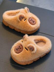 1 双儿童水豚毛绒卡通装饰软底轻便室内拖鞋，适合男孩和女孩